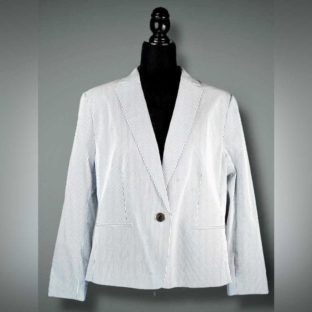 Ann Taylor Factory Womens Striped Blazer Size 16 Blue White Cotton Blend Jacket - Picture 4 of 15